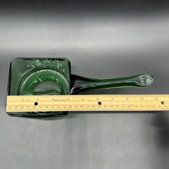 Vintage Green Art Glass Scoop Pan Handmade Square Planter Dish Applied Handle - Picture 11 of 13